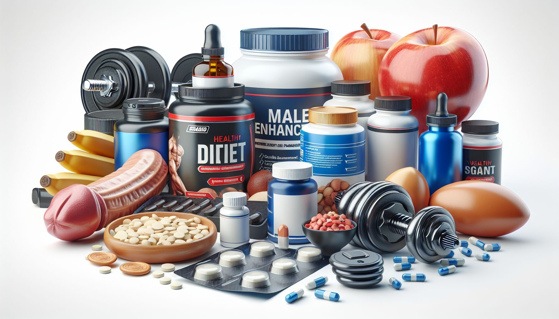 
Imagen ilustrativa de productos para la mejora masculina, incluyendo pastillas, geles y suplementos naturales.

